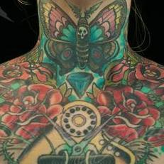 Tattoos - Deathhead moth and roses fancy neck piece coverup - 123670